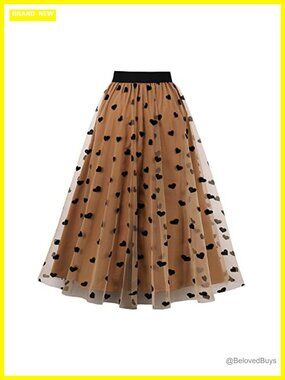 Heart Print Floral Tulle Maxi Skirt High Waist Pleated A-Line Tutu